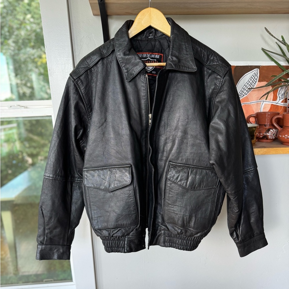 Vintage Interstate Black Leather Bomber Jacket Thinsulate Lined Size Large